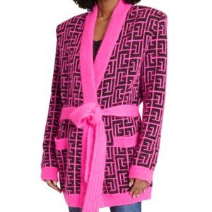 NWT $2295 Balmain Monogram Mohair Wool Belted Cardigan Sweater - Sz 42 FR 10 US